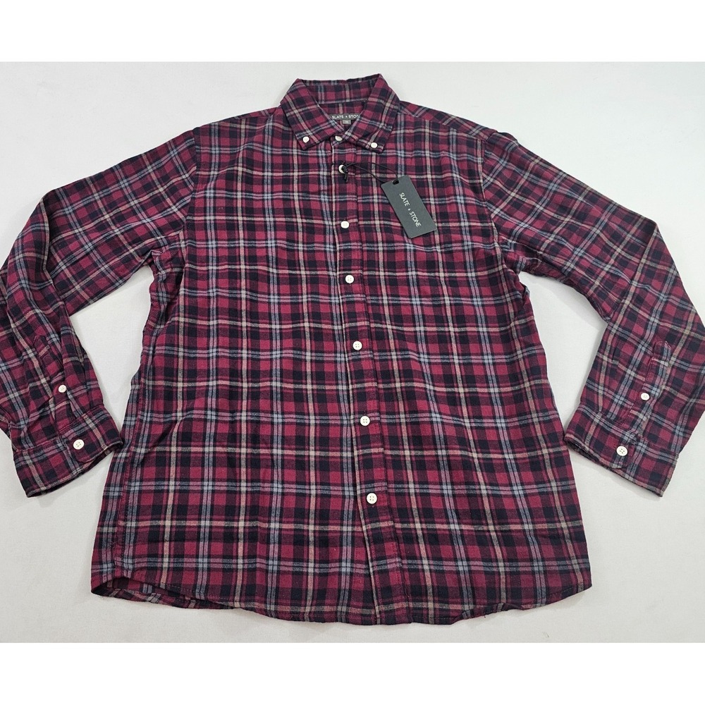 Slate & Stone shirt men M Medium red blck flannel pockets check K6STL20432